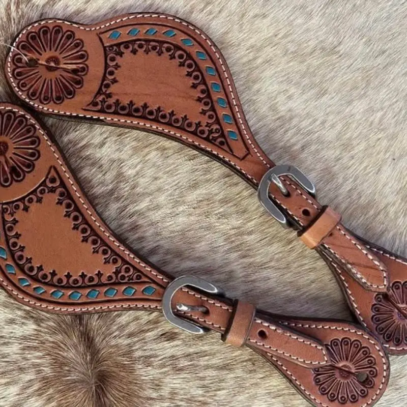 Pair Top Grain Leather Ladies Size Western Spur Straps Teal Stitched Accents