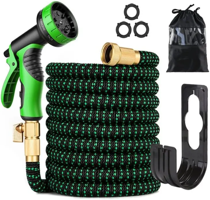 Garden Water Hose - 75/100ft 3X Stronger Expandable Green Polyester Fiber Kink-Free Multi-Spray Hose, 10-Function Nozzle, 3/4" Solid Brass Fittings, Foldable Flexible Watering Set for Home Use Outdoor Gardening, Kink-Free Garden Hoses