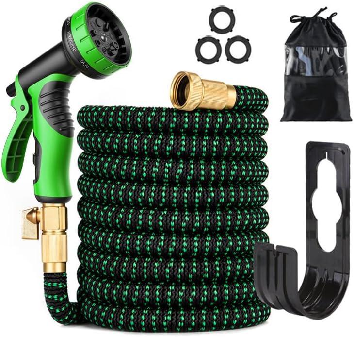 Flexible Garden Hose 75/100ft 3X Stronger Deluxe Expandable Green Polyester Fiber with 10 Functions Nozzle 3/4" Solid Brass Fittings Foldable for Outdoor Gardening Car Cleaning