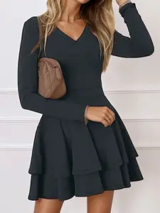 Dark Grey Mini Dress - Long Sleeve V-Neck for Parties & Homecoming, Flattering High Waist, Tiered Design, Casual A-Line, 95% Polyester 5% Elastane, Comfortable Knitted Fabric