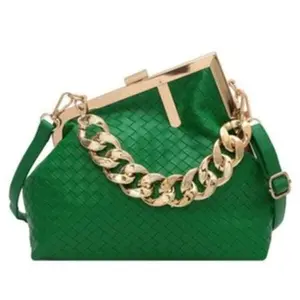 Casual Woven Metal Clutch Chain Handbag with Crossbody Strap