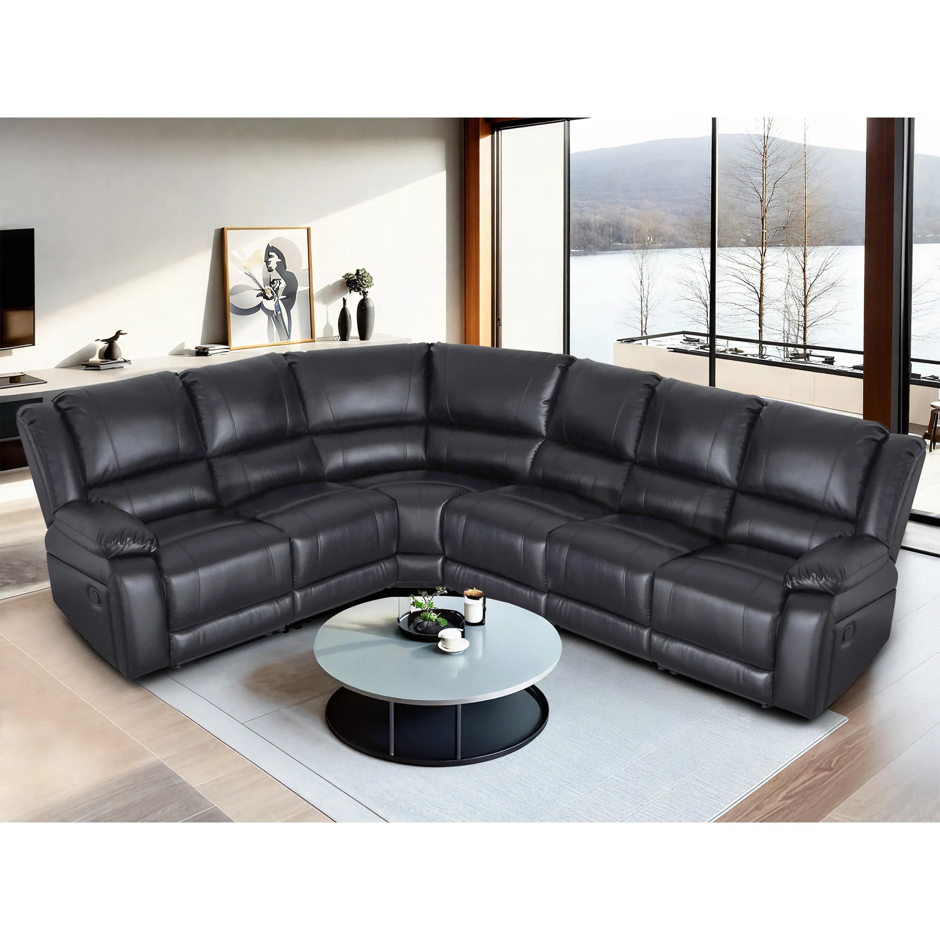 【7 Packages Shipping】Spacious 6-Seat Manual Reclining sectional Sofa in Faux Leather