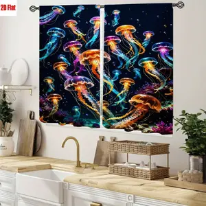 2D Flat 2Pcs Jellyfish Ocean Sea Life Pattern Curtains, Underwater World Decoration, Vibrant Colors, High Definition Printing, Marine Art Style, All-Season for Living Room Bedroom Kitchen Study Cabinet