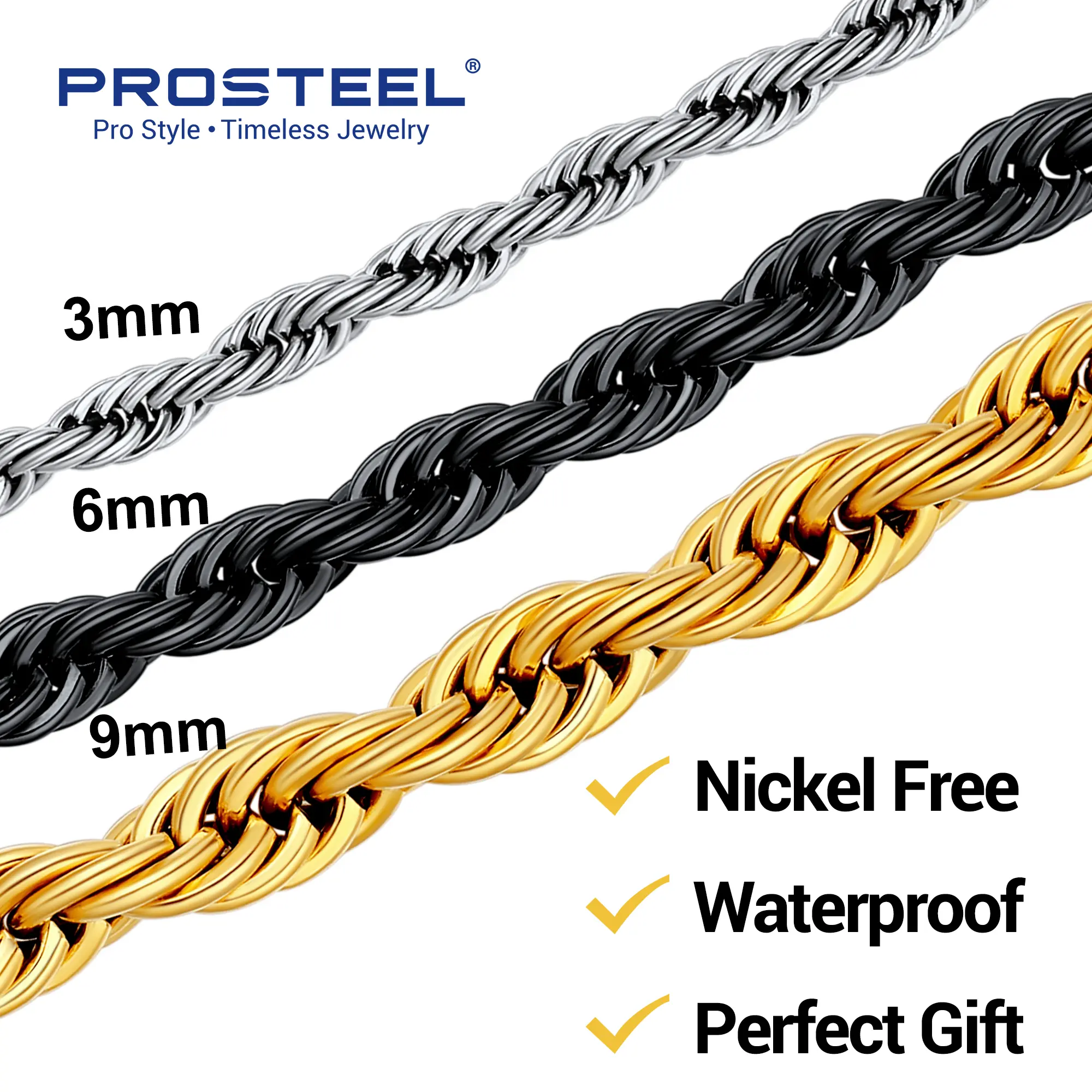 PROSTEEL 3MM/6MM/9MM Twisted Rope Chain Necklace 18-30 Inches Stainless Steel Jewelry Durable Color Coating, Hypoallergenic Unisex Stackable Accessories for Daily Wear Best Gift Summervibe
