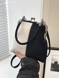 Retro metal buckle shoulder handbag small square bag crossbody clutch, metal clip buckle design exquisite versatile shoulder bag, contrast color stitching fashionable simple suitable for daily commuting, shopping, dating, etc.