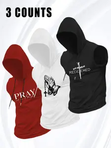 Men's 3 Pack Sleeveless Hoodie Tank Tops, Athletic Tank, Christian Graphic Workout Hooded Muscle Shirts, Religious Print Gym Streetwear, Loose Fit Tank Tops, Perfect for Gym, Street Style #springsaledeals2026 #summeroutfits #tiktokshopmademebuyit