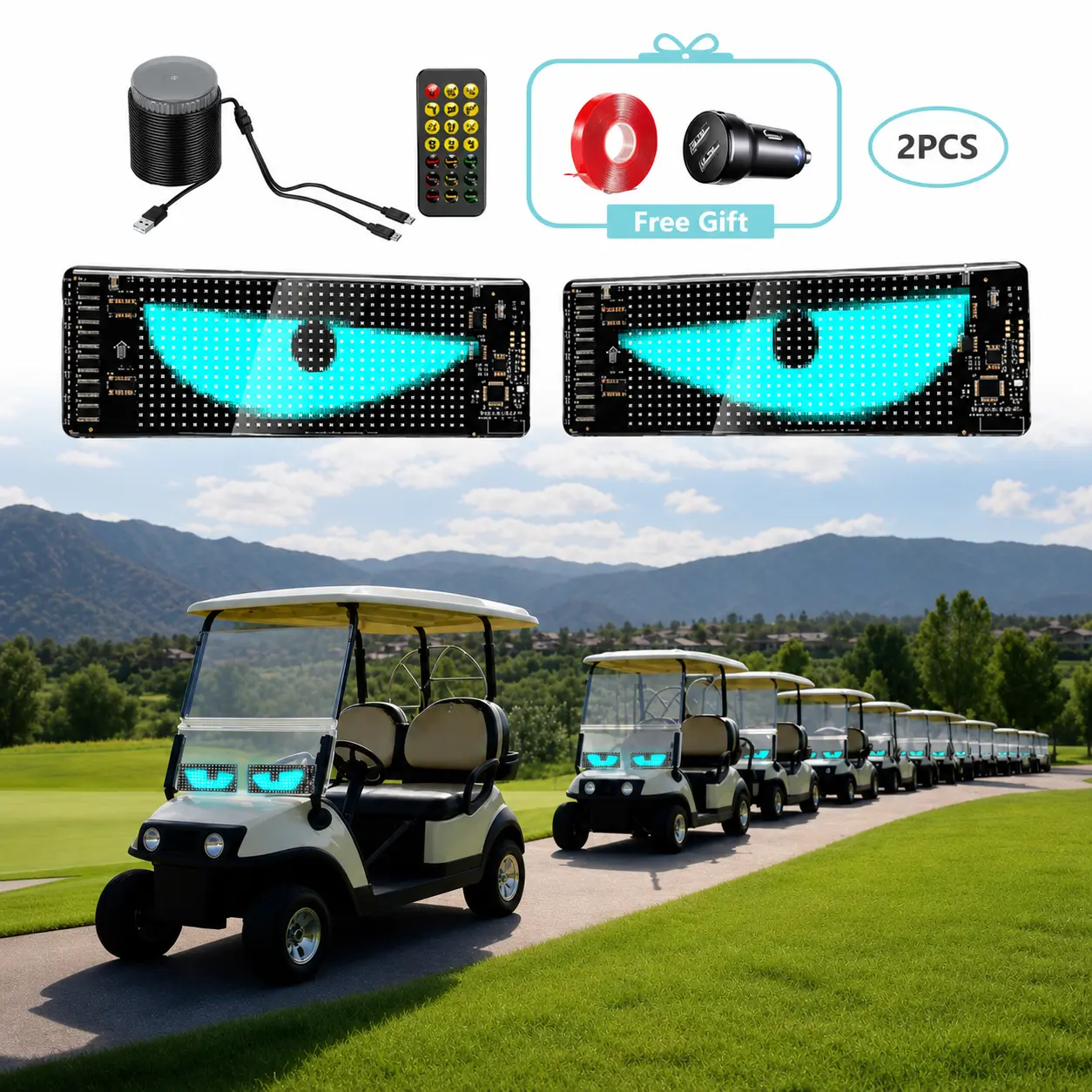 Quplavo 5V Programmable LED Flexible Display Panel 16x32 P4, 6.81x2.75in. App-DIY Custom Eyes & Animations, Vibrant Colors. Bendable Stick-on for Quick Install. Ideal for Golf Cart, Buggy Night Mods. Kit: Remote, Cord, Plug, Tape. 1-Pack & 2-Pack.