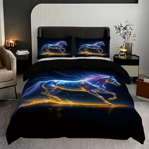 Glow-In-The-Dark Horse Pattern Bedding Set, Soft Comfortable 3-Piece (1 Quilt Cover + 2 Pillowcases), Zipper Closure