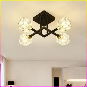 Modern Luxurious Crystal Ceiling Light, 4 Lights (BO INCLUDED Bulb) Modern Crystal Ceiling Light for Dining Room, Pendant Lamp Ceiling Lighting for Living Bedroom Hall Balcony --Matte Black