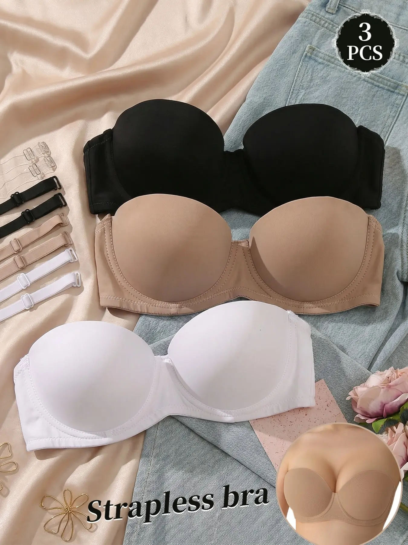 3PCSWomen's Strapless Seamless Bra,Underwire Push-Up and Anti-Sagging,Padded duble Closure Balconette, Removable Straps, Comfortable Non-Slip everyday wear