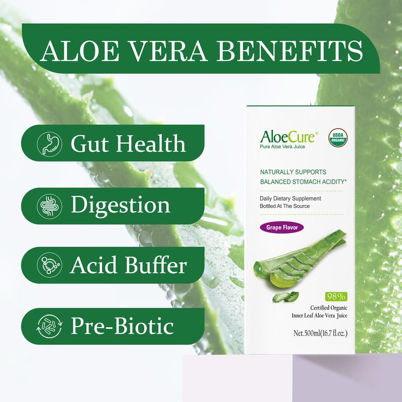 AloeCure USDA Organic Aloe Vera Juice Grape Flavor, Made Within 12 Hours of Harvest - Pure Aloe Juice For Natural Digestive & Immune Support, Naturally Supports Balanced Stomach Acidity, 500ml Bottles