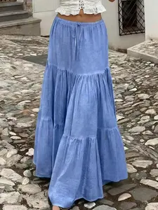 Women's French Style Washed Blue Cake Skirt, High Waist Drawstring Elastic Waist Flowy Long Dress, Summer Vacation Chic