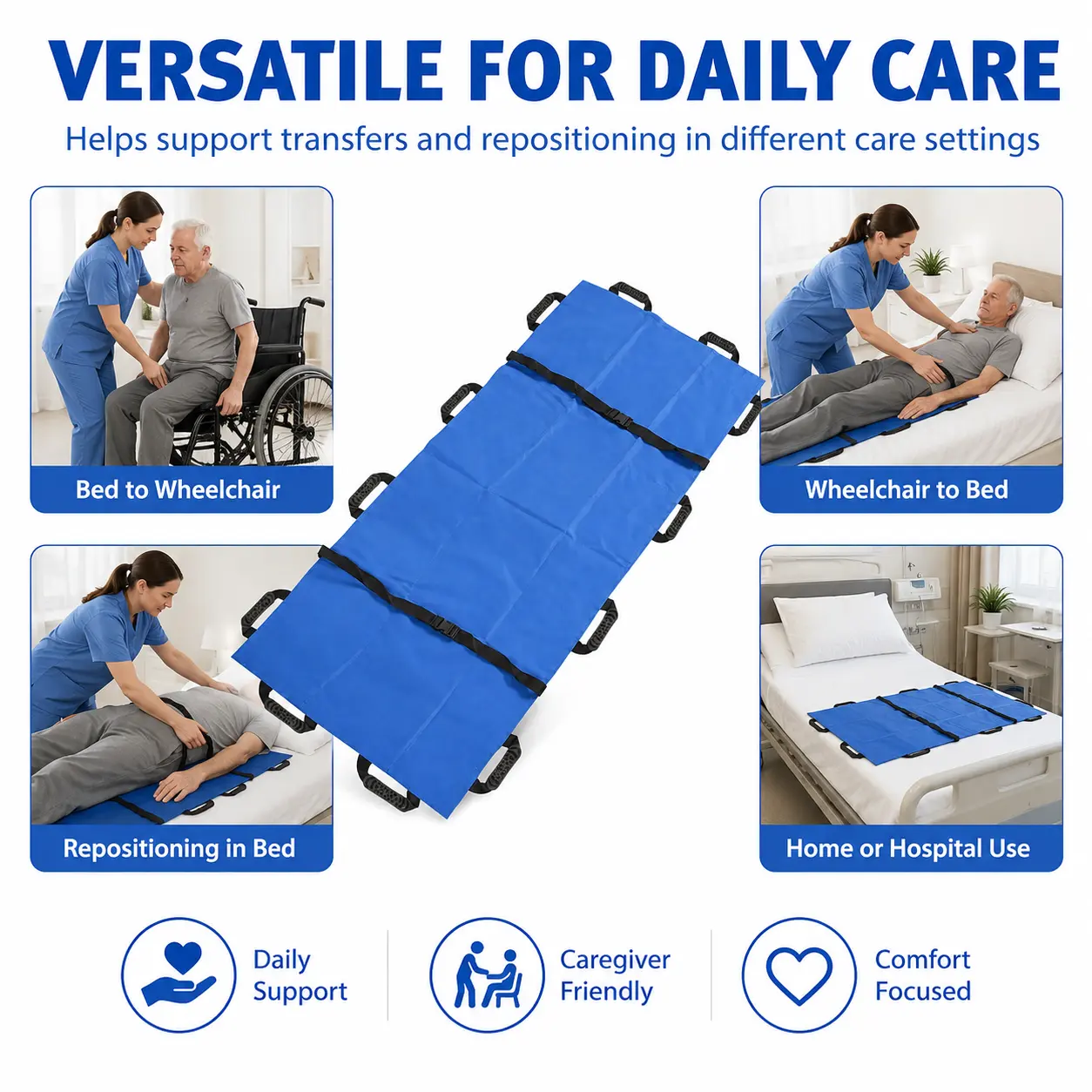70"x27" Extra Length Rectangular Machine-Washable Cloth Slide Sheet Bed Pad with Reinforced Handles for Caregivers, Adult Patient Bed Transfer & Repositioning