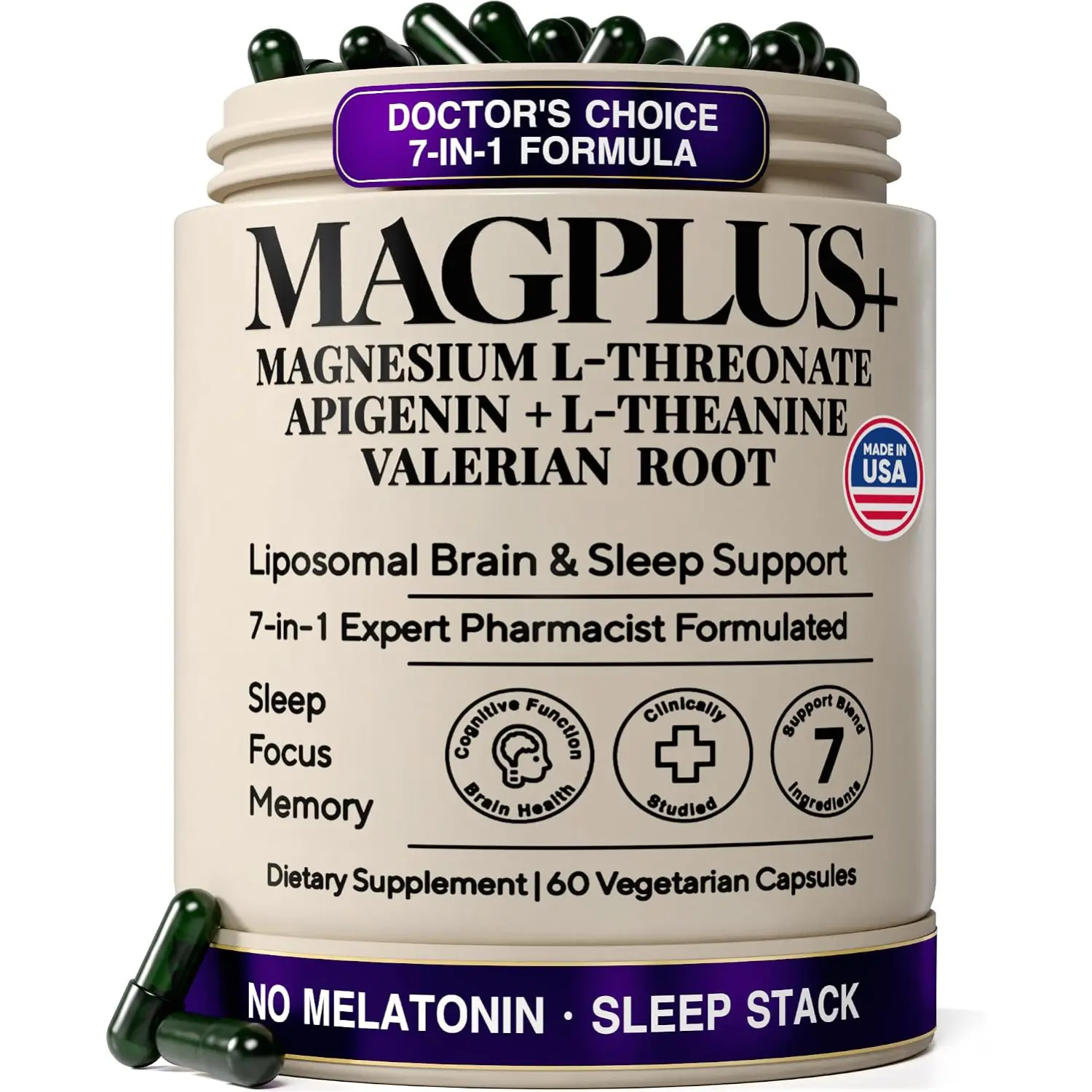 Magnesium L Threonate Sleep Support Capsules with Apigenin L Theanine Valerian Root Memory Focus 60 Count