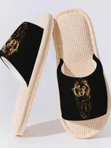 Gold Lion King Linen Slippers, Breathable Anti-Slip Sole, Asymmetrical Design, Casual Home Wear, Bedroom Living Room Shoes