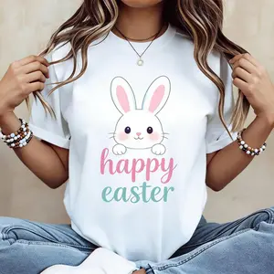 Stylish Women's Easter T-Shirt With Bunny And Pastel Swirls Design For Spring Celebration
