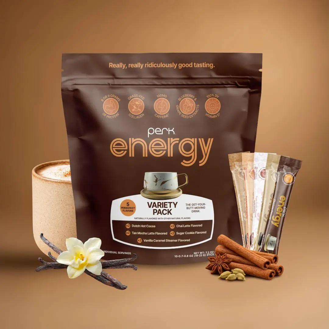 Perk Energy Variety Pack - 5 Flavors Protein Beverage, Caramel-Infused Energy Booster, High Protein Drinks Protein Energy Drink Energy Sport Beverage