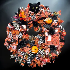 Halloween Wreath Skull  Black Cat Skeleton  Handmade Orange & Black Halloween Wreath