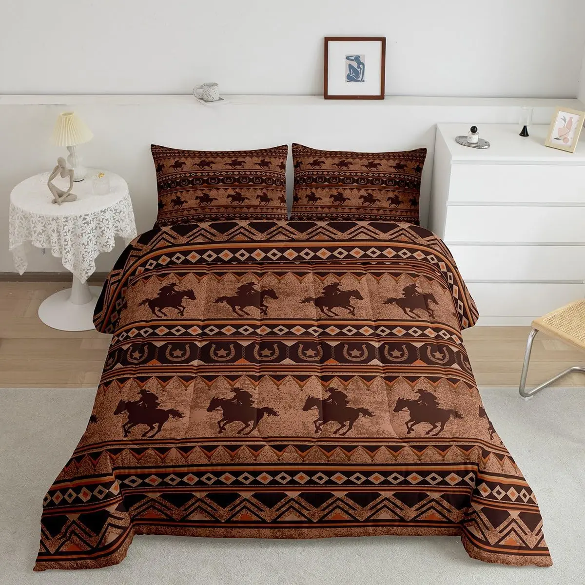 Feelyou Southwestern Aztec Horse Breathable Duvet Set - Rustic Brown, Retro Exotic Boho Quilt, Bedroom Bedding Set, Decorative Western Native Bedding, Decorative Bedding Set