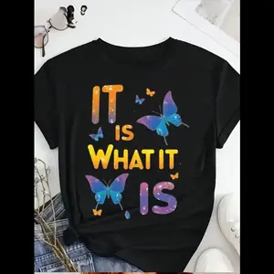 Plus Size Women'S   T-Shirt - Colorful Butterfly Graphic & "It Is What It Is" Inspirational Quote, Casual Short Sleeve Round Neck Top For Spring Summer Fall, Mother'S Day Juneteenth Gift, Ladies T Shirts Golf Gift T-Shirt For Men And Women
