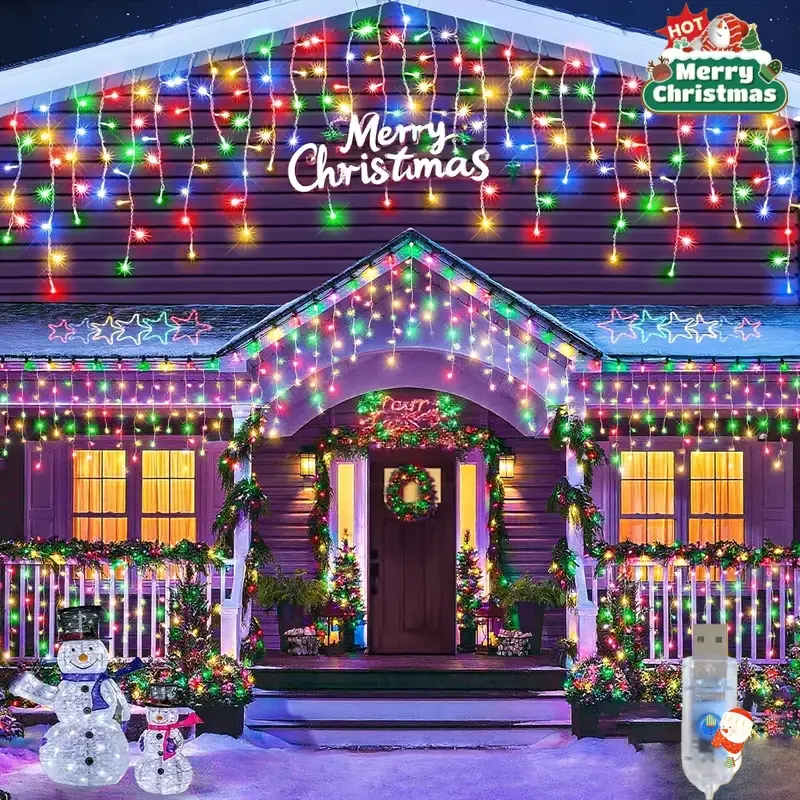 USB-Powered Icicle Christmas Lights - 96LEDs, Multi-Color Ice Icicle String Lights with 8 Modes, Durable Plastic, Button Control for Indoor/Outdoor Holiday Decorations, Home, Bedroom, Eaves, Yard, Patio, Christmas Decorations