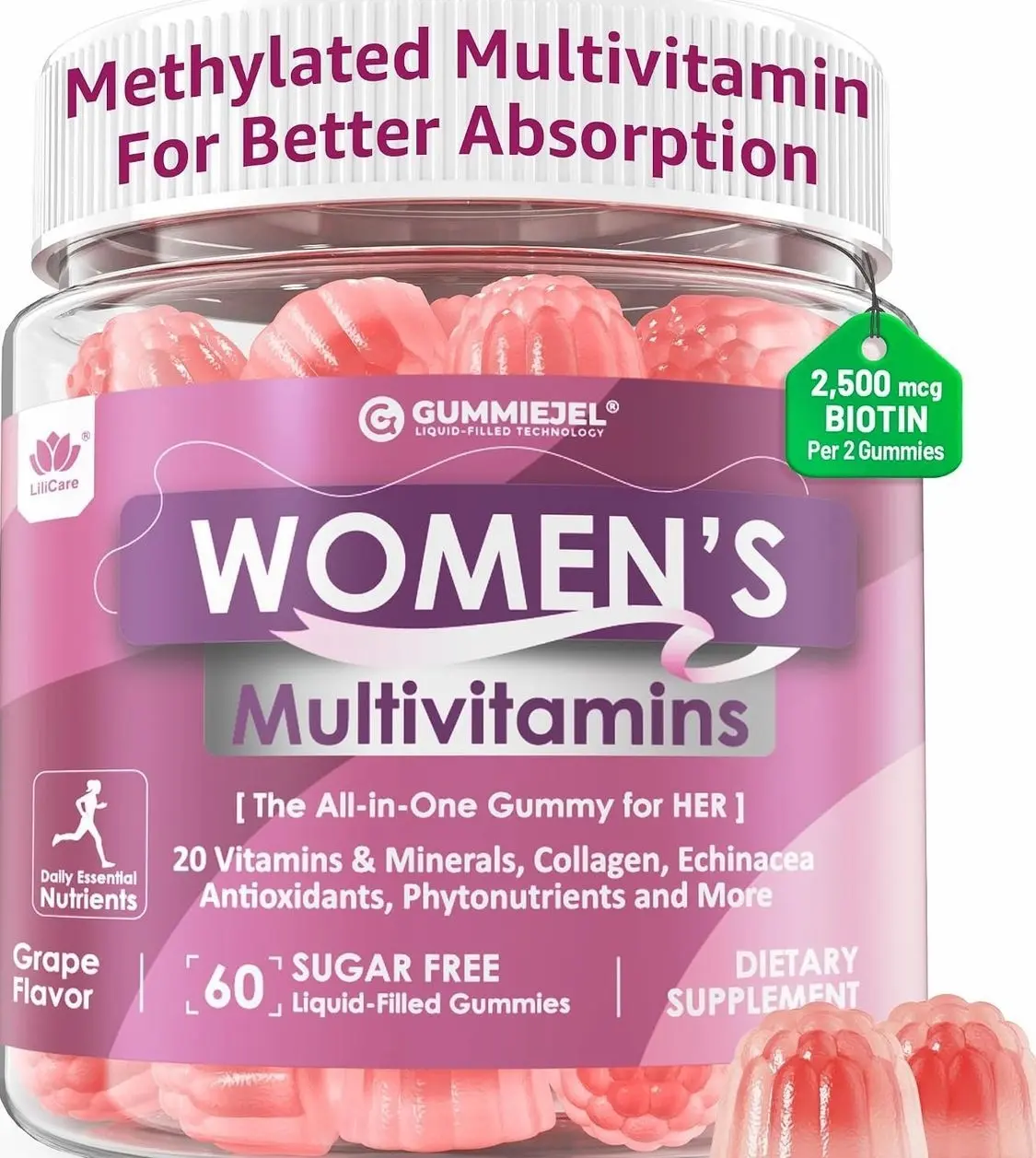 Womens Multivitamin Gummy, Methylated Multivitamin for Women, GLP-1 Friendly, Biotin, Iron, Collagen, Methylfolate, B Complex, Women's Complete Support, Hair Skin and Nails Vitamins, No Sugar, 60 Cts