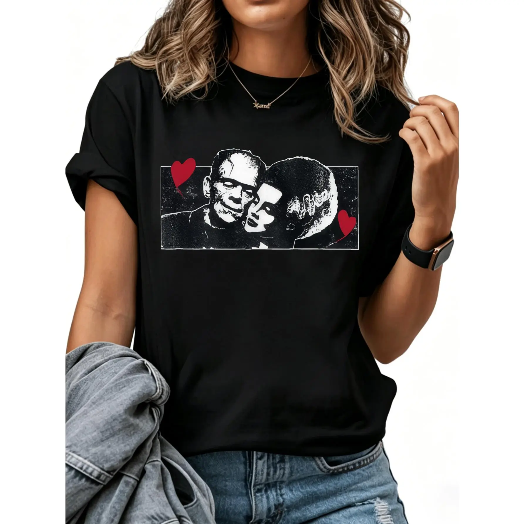 100% Cotton Unisex Universal Monsters Valentine's Day Frankenstein and Bride T-Shirt