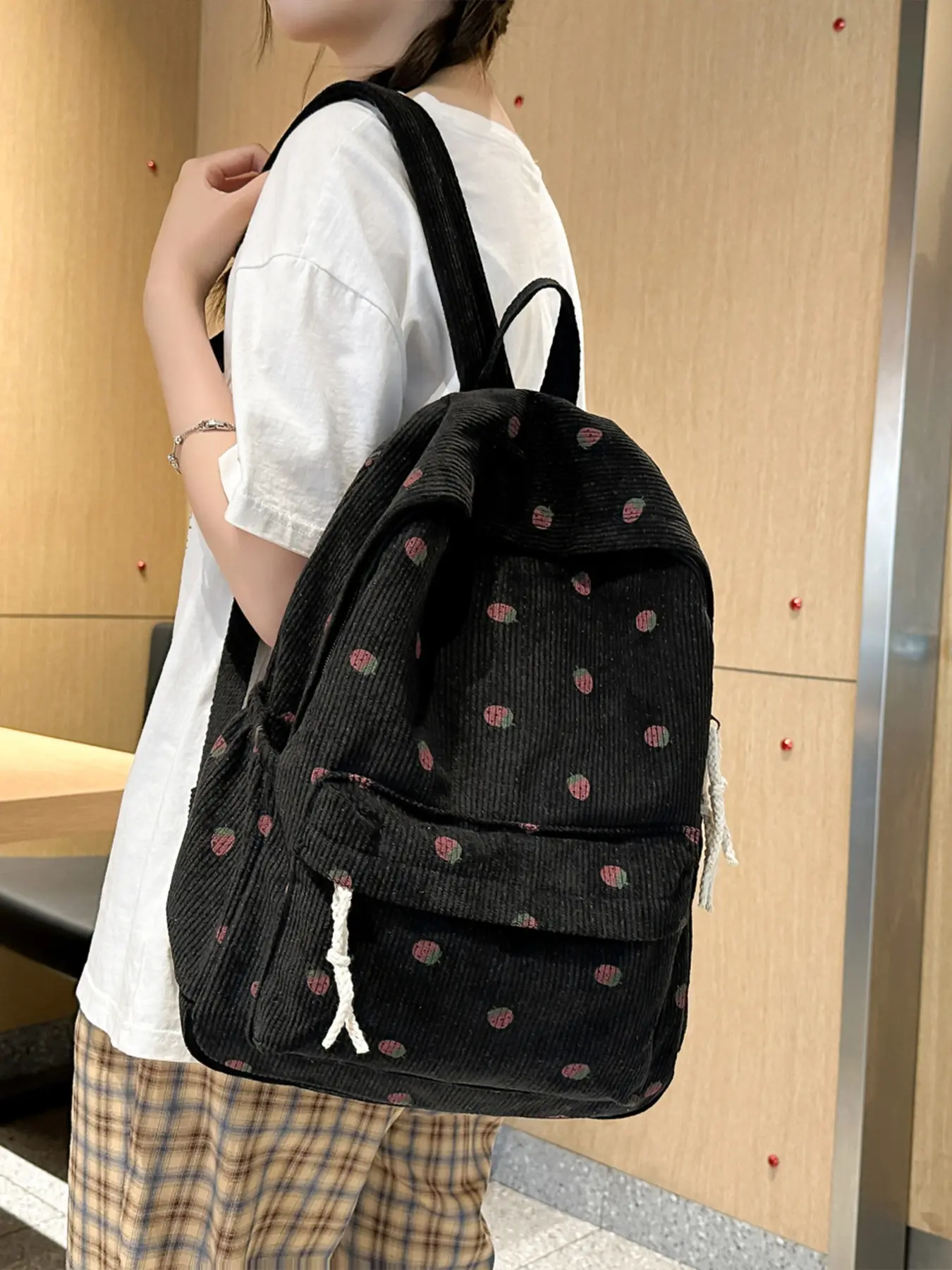 Girls' Velvet Strawberry Print Backpack, High School Student Computer Bag, Dual Shoulder Strap, Stylish and Durable