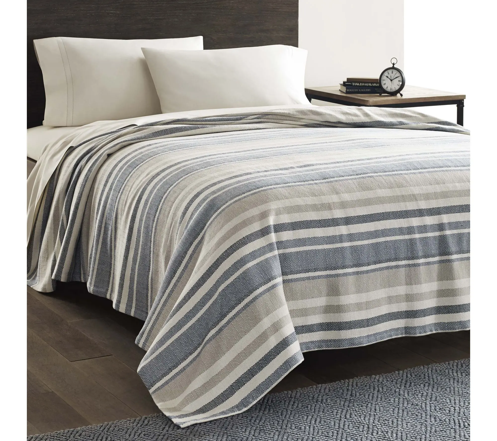 Eddie Bauer Herringbone Stripe Blue Cotton King Blanket