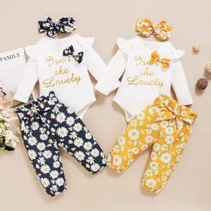 Ma&Baby 3PCS Infant Toddler Baby Girl Clothes Isn't She Lovely Ruffle Romper Bodysuit Daisy Halen Pants Headband Outfits