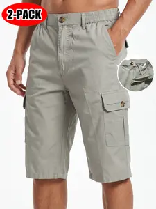 Men’s athletic shorts, pure cotton, 3/4 length, zippered pockets; hiking sports shorts; men’s cargo shorts below the knee; suitable for sports and fishing; five pockets.
