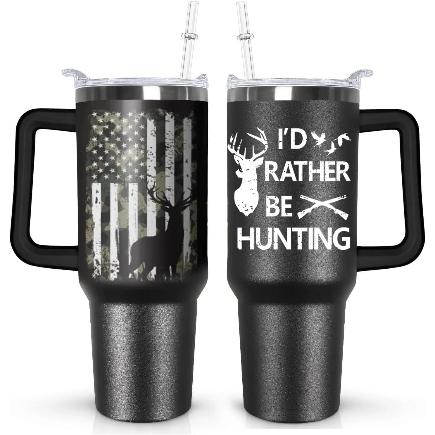 Ceovfoi 40 oz Sturdy Stainless Steel Vacuum Flask - Portable Coffee Mug with Handle, Lid, Straw, American Flag Deer Hunting Novelty Design, Gift for Grandpa, Kitchenware Drinkware Accessory