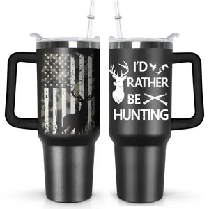 Ceovfoi Hunting Gifts for Men, 40 oz Deer Hunting American Flag Stainless Steel Tumbler with Handle Lid and Straw, Hunting Stuff Supplies Accessories