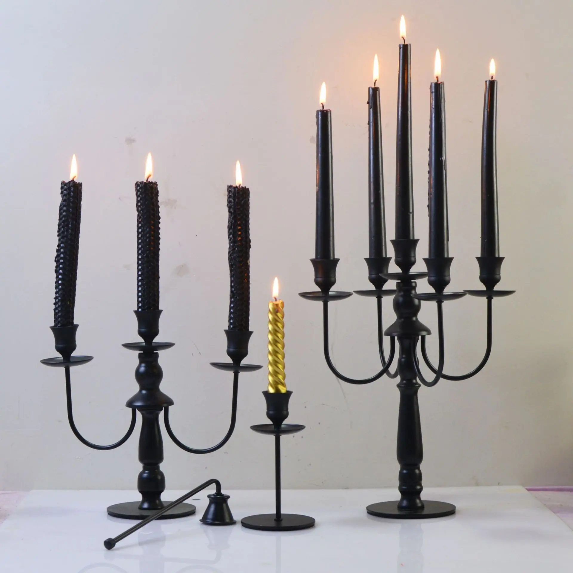 Modern Matte Black 3-Arm Candelabra Candle Holder for Taper Candles, Gothic Minimalist Centerpiece for Wedding Table Decor, Vintage Aesthetic Candlestick Holder for Dark Academia Home Office, Spooky Chic Mantel Ornament