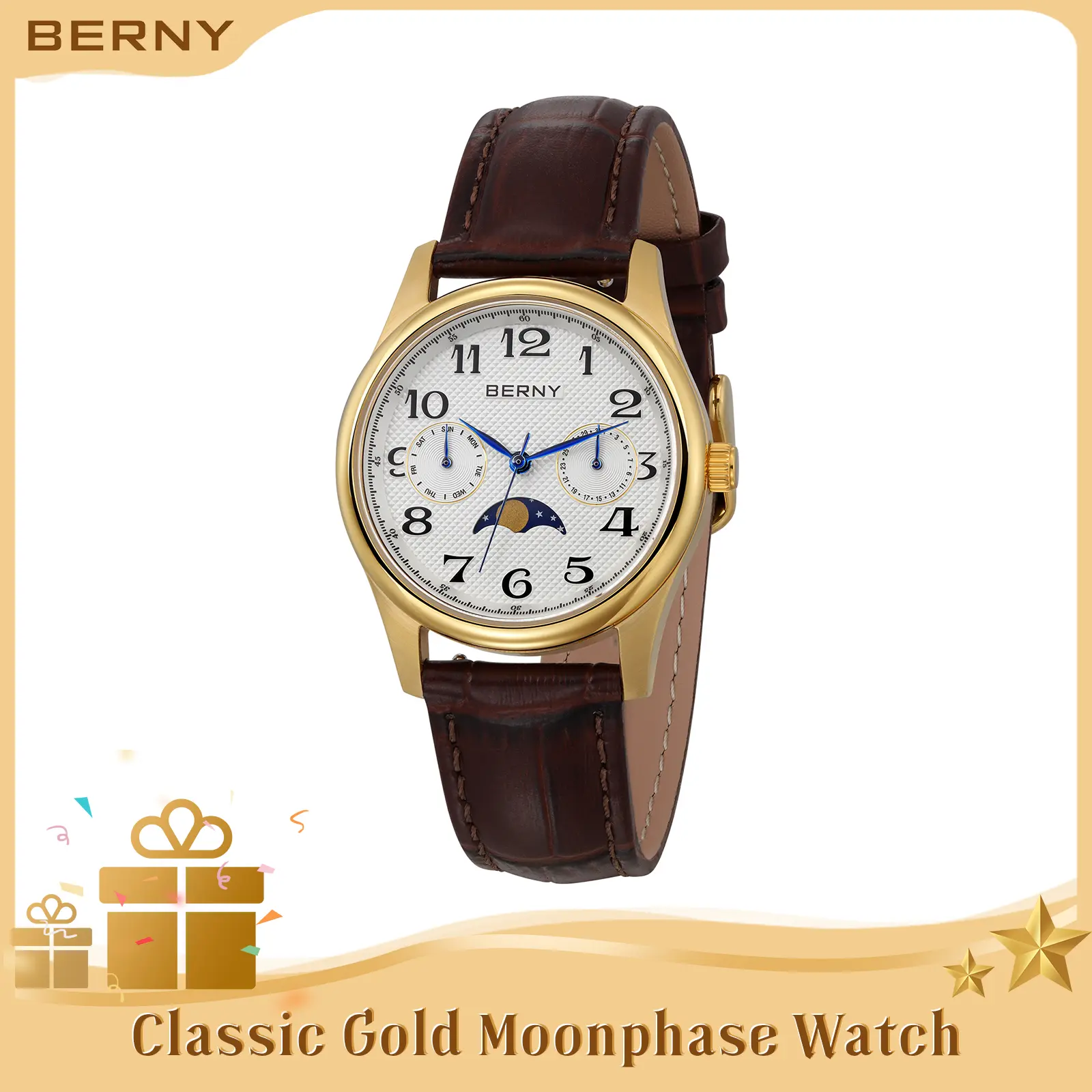 BERNY Gold Watch for Women Moon Phase Watches Ladies Quartz Wristwatch Easy Read Arabic Numerals Dial Multi-Function Analog Watches Stainless Steel Case Sub-dail with Date Day Calendar, Fashion Summer Accessories