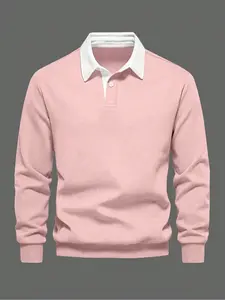 Men's Solid Color Button Front Polo Collar French Sweatshirt, Regular Fit Casual Long Sleeve Pullover for Fall & Winter, Men's Clothes for Daily Wear, Menswear, Garment
