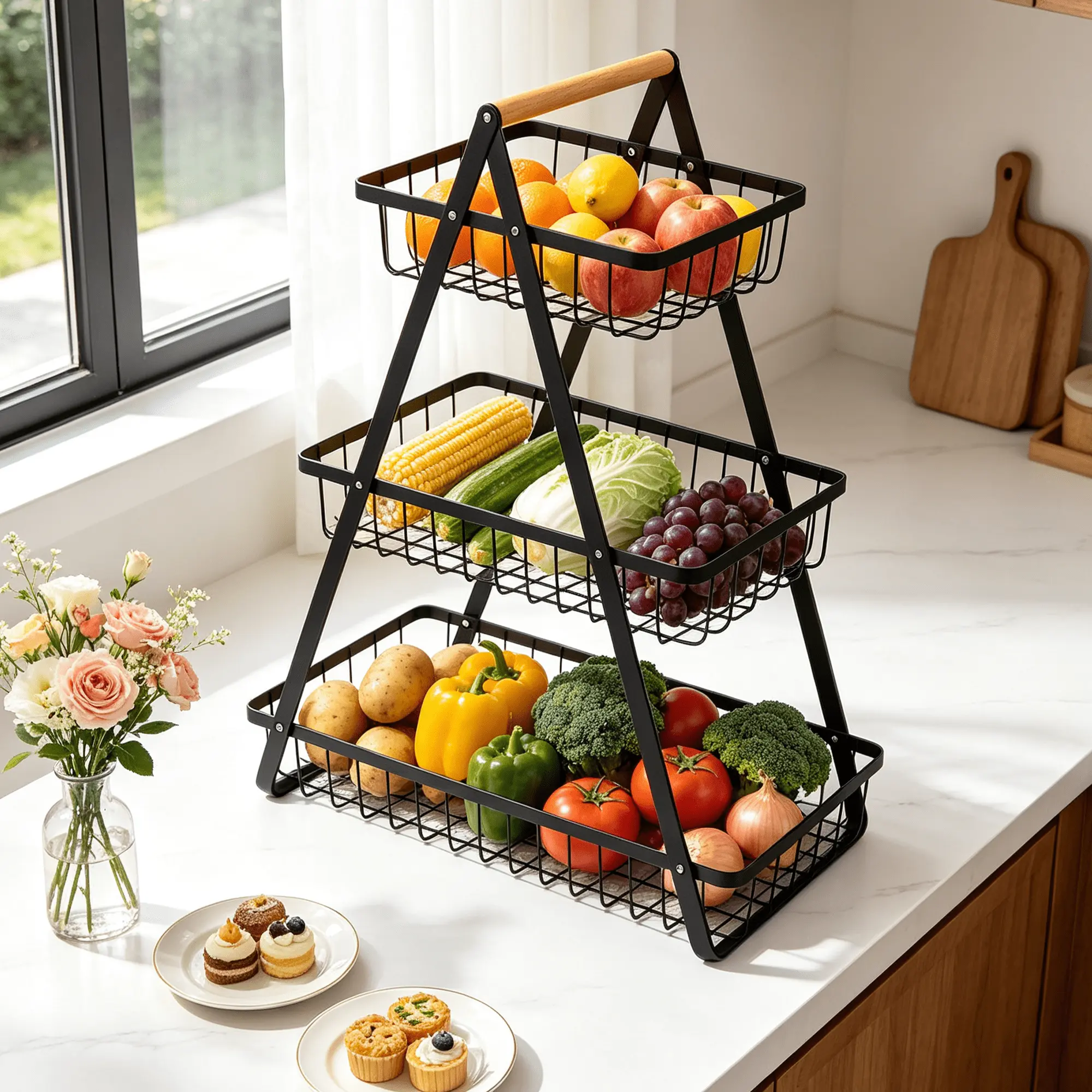 3 Tiers Fruit Basket, Kitchen Countertop Storage Basket with Wooden Handle, Metal Fruit Bowl Kitchen Office Dining Organizer for Fruit, Vegetable, Snacks