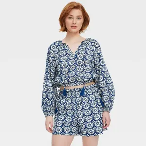 Women's Daisy Floral Long Sleeve Tie-Neck Boho Top - Roller Rabbit