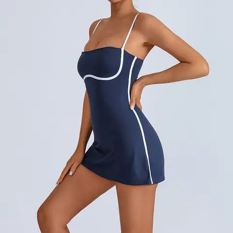 Women's Slim Fit Sleeveless Workout Athletic Dress - Classic Square Neck, Built-in Removable Bra, Inner Shorts with Pockets, Tennis Fitness Use, All Seasons Activewear, Dark Night Option Sleeveless Sporty Dress Sleeveless Workout Dress
