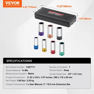 VEVOR Lug Nut Impact Socket Set, 1/2 inch Drive Metric 6-Point Deep Socket Set, 7 Total Lug Nut Sizes 17/19/21/22/23/24/27mm, CR-MO Steel Wheel Socket Set with Storage Case, for Auto Repair