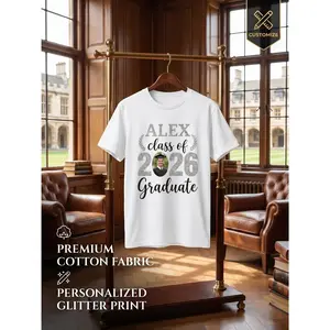 Class of 2026 Custom Photo Glitter Print Graduation Tee Personalized Name DIY Crew Neck Short Sleeve Unisex Summer Casual Tops Graduate Ceremony Keepsake Gift for Friends Group Party Wear Breathable C