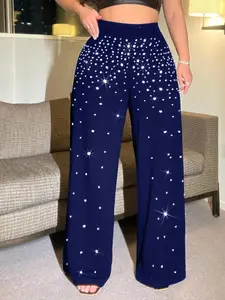 Plus Size Rhinestone Wide Leg Pants, Loose Fit Drapey Starlight Decor, Unique Eye-Catching Versatile Style, Women's Fashion Joggers