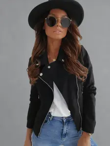 Women's Slim-Fit Suede Short Jacket with Lapel Collar & Zipper Closure for Spring & Autumn Casual Outerwear