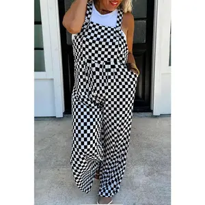 Black Checkered Print Pocketed Wide Leg Overall