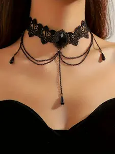 Vintage Multi-Layer Hollow Lace Chain Tassel Pendant Necklace, Layered Necklaces, Elegant Collarbone Dainty Layering Jewelry for Women, Perfect for Daily Wear & Parties