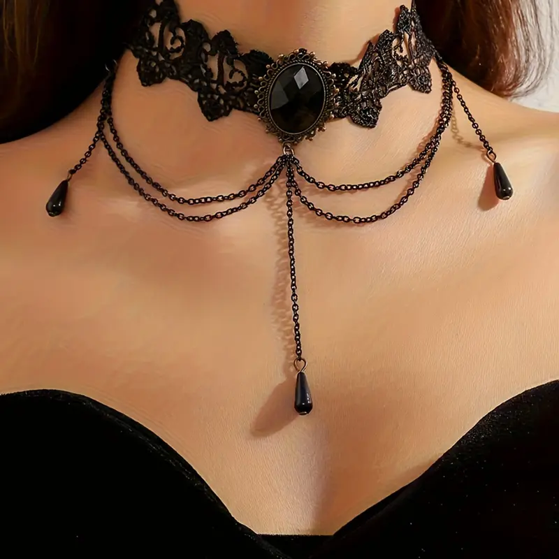 Vintage Multi-Layer Hollow Lace Chain Tassel Pendant Necklace, Layered Necklaces, Elegant Collarbone Dainty Layering Jewelry for Women, Perfect for Daily Wear & Parties, Accessory Necklace, Decorative Necklace, Fashionable Accessory