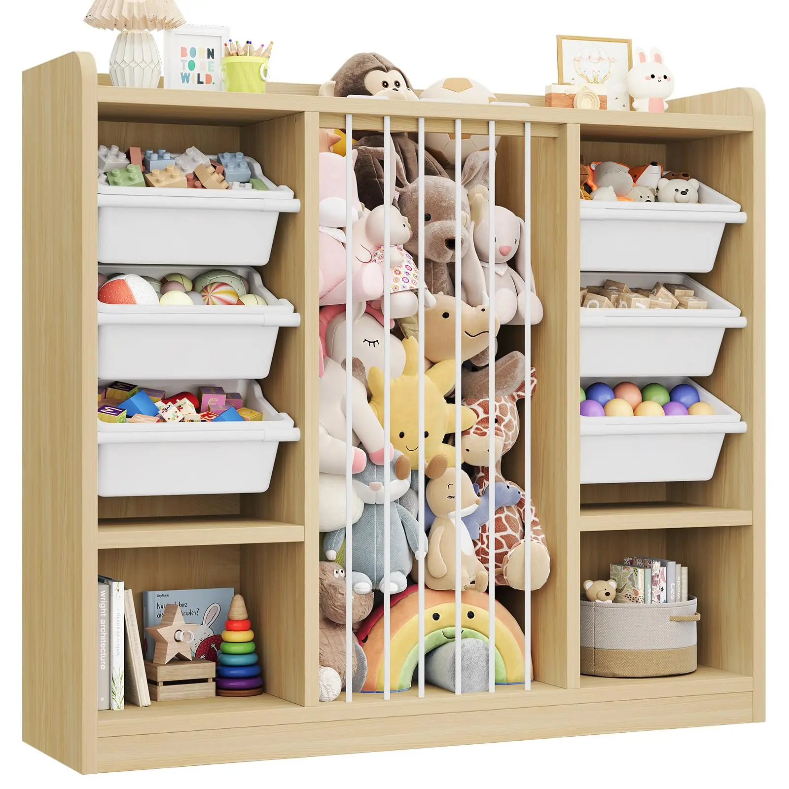 ONBRILL Large Solid Wood Storage Rack - 6 Removable Bins, 2 Open Cubbies, Nursery Bookshelf for Kids’ Plush Toys & Books, Toddler Bedroom Playroom Furniture for Cleaning and Organizing