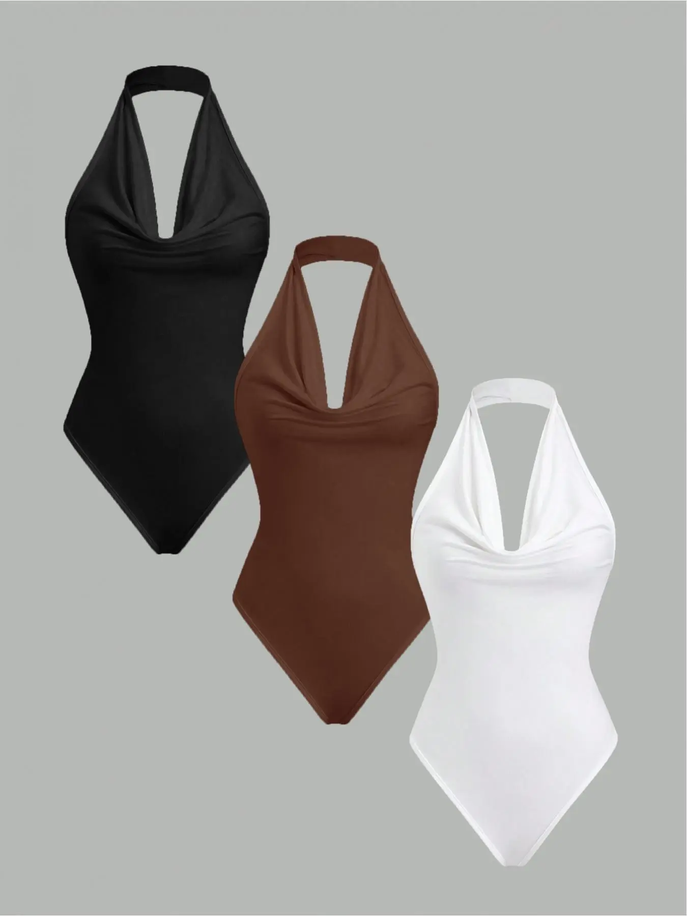 Women's Solid Color Hanging Neck Deep Plunge Bodysuit, Casual Comfy Tight-fitting One-piece Overalls for Summer, Ladies Clothes for Daily Wear, Fitted Bodysuits