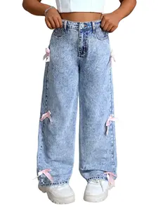 Girls Y2K Pink Bow Washed Denim Jeans With Pockets 2026 New Style Teenager Girls Spring Summer All Match Wide Leg Pants