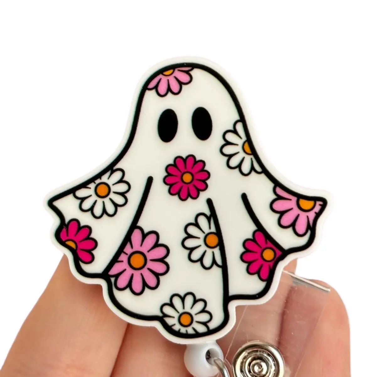 Glitter My Badge Halloween flower Daisy ghost badge reel for nurse and hospital workers. Badge clip Badge pull - Retractable swivel clip with a 360 rotation. Great gift for coworker.